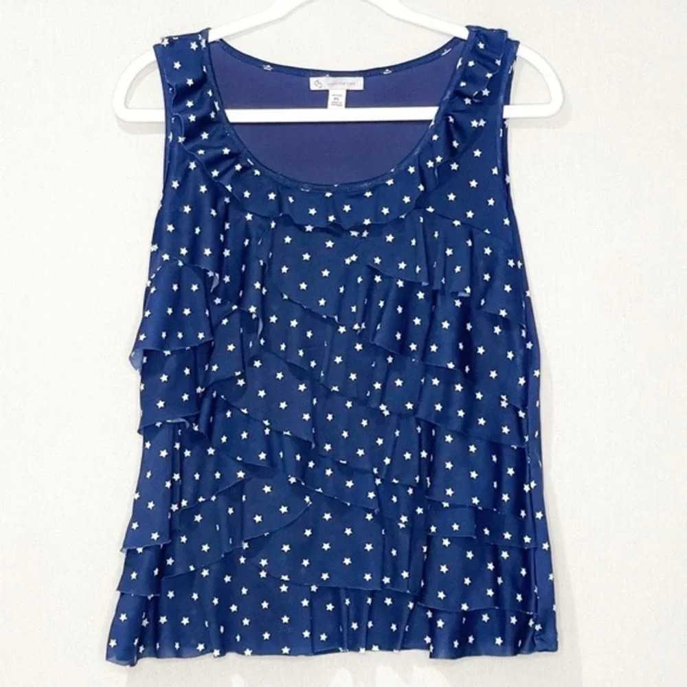 Est. 1962 Navy Ruffle Tank Top with White Stars Size Petite Large